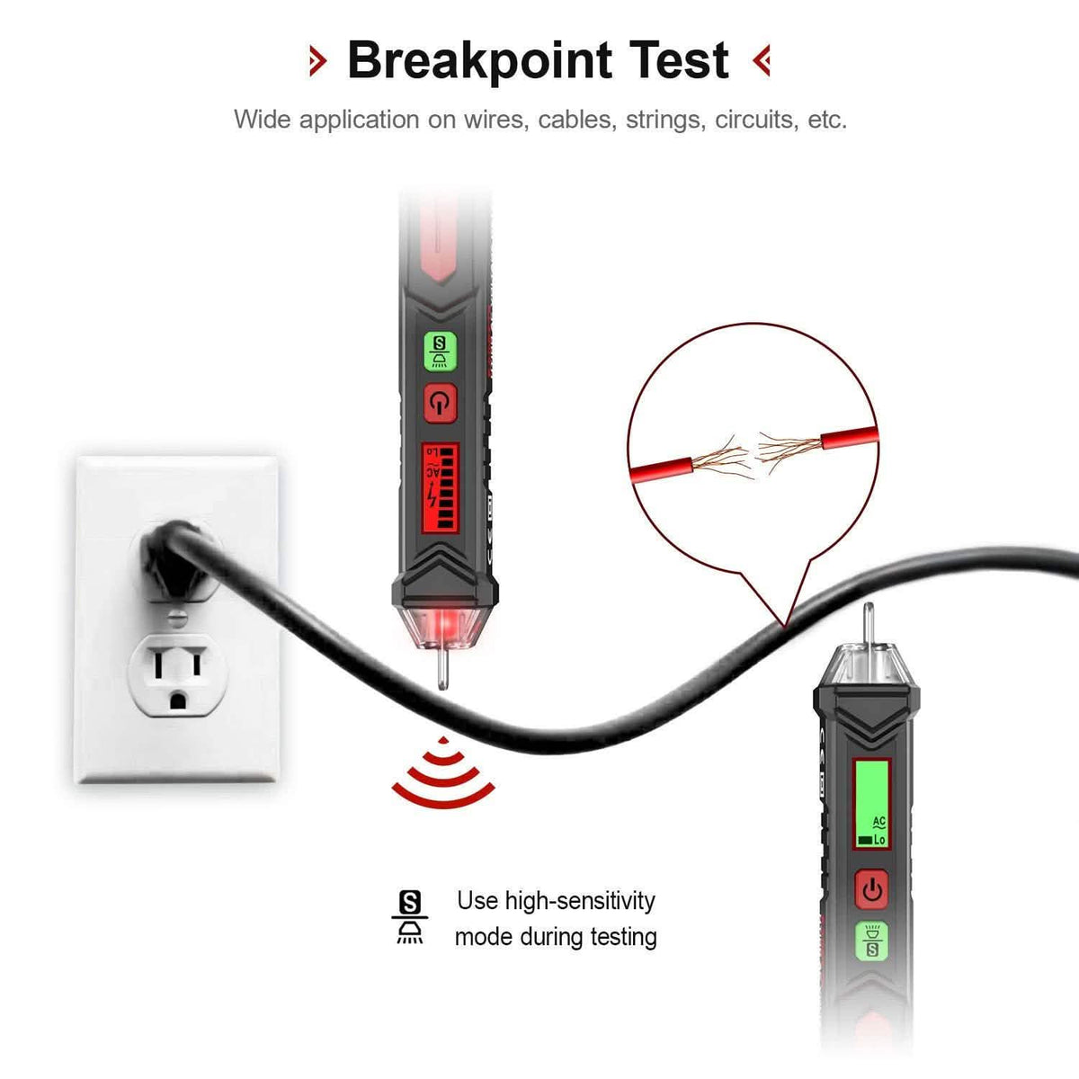 Non-Contact Voltage Tester with Dual Range AC 12V-1000V/48V-1000V