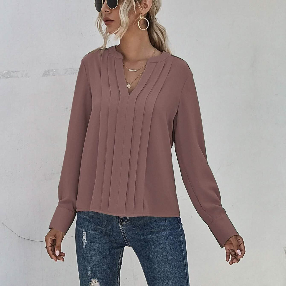 Notched Neck Pleated Decoration Blouse