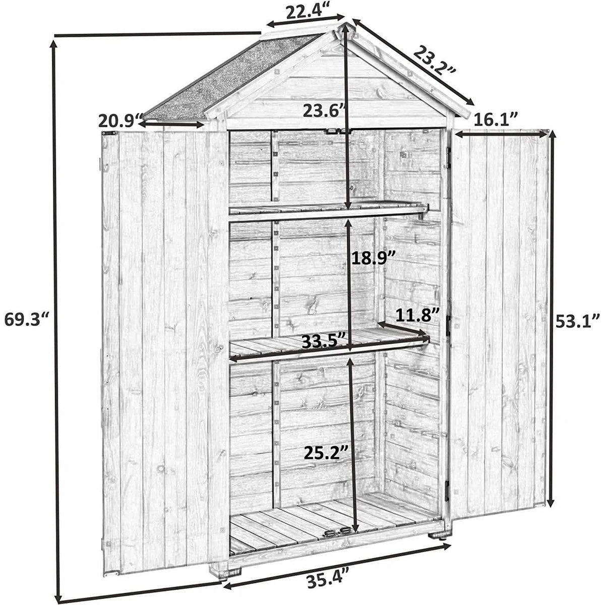 Outdoor Wood Tilt Storage Shed Tool Organizer with Waterproof Asphalt Roof