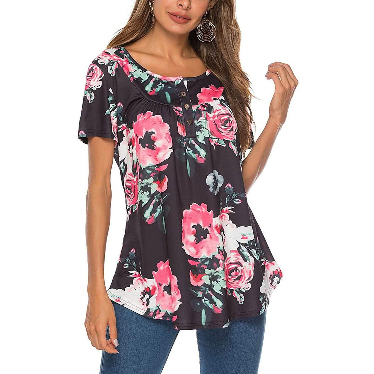 Paisley Printed Button Up Top Short Sleeve V Neck Pleated Casual Loose Flare Tunic Blouse Henley Shirt