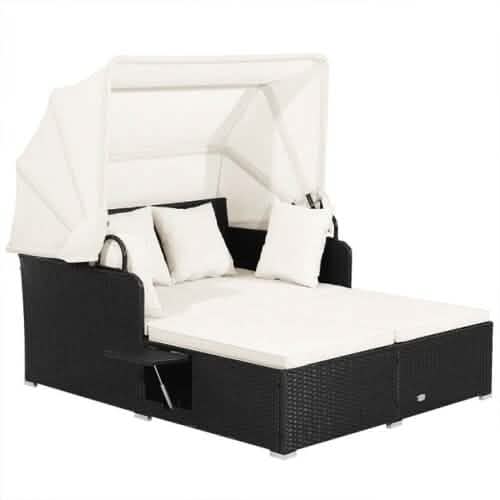 Patio Rattan Daybed with Retractable Canopy and Side Tables