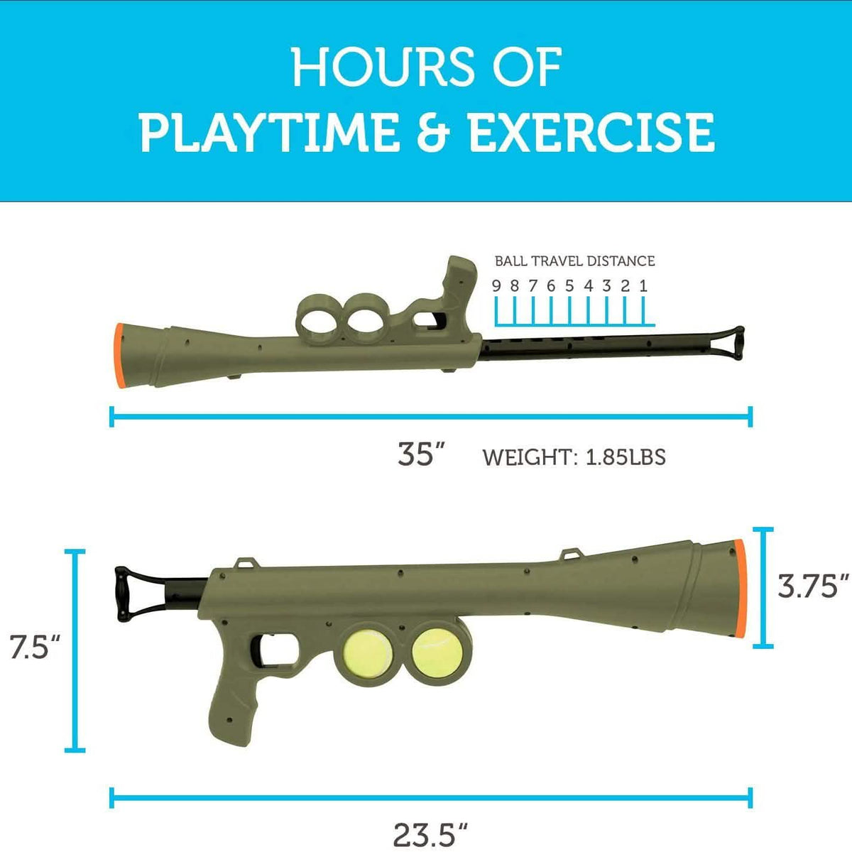 Paws & Pals Bazook - 9 Tennis Ball Launcher Gun with 2 Squeaky Balls