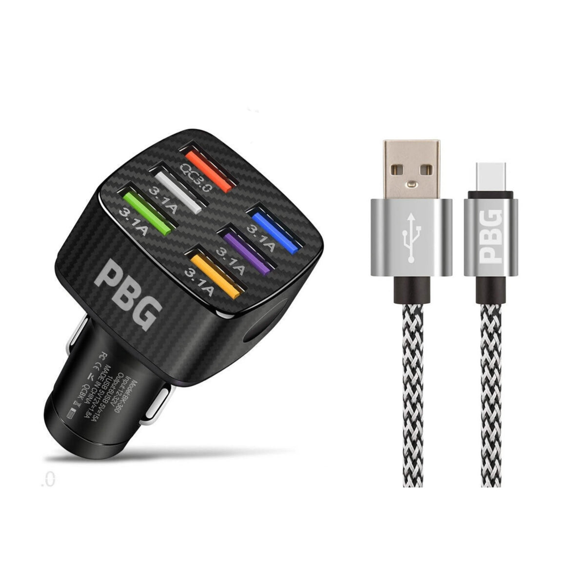 PBG LED 6 Port Car Charger and 10Ft. XL Zebra Lightning Cable Combo