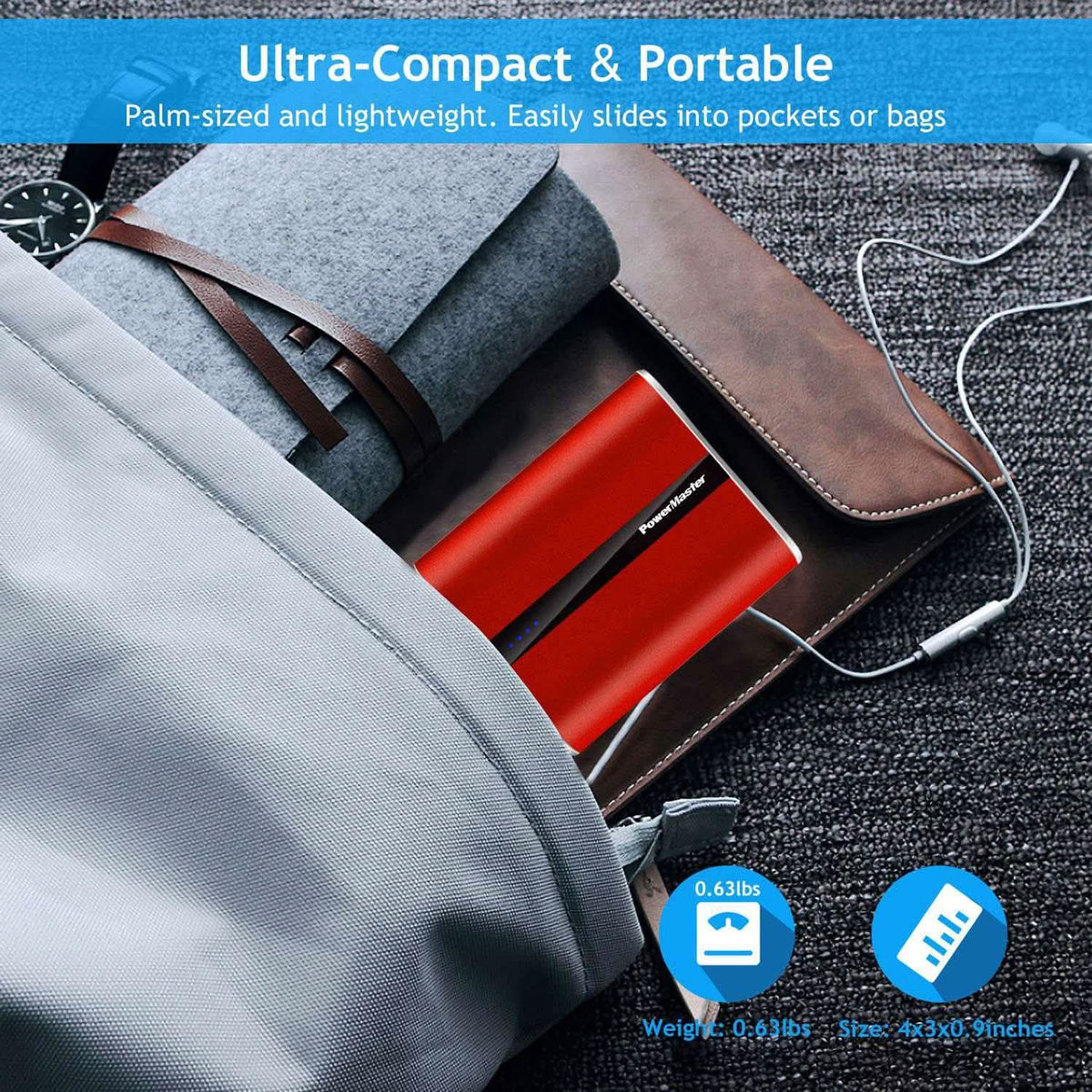 Powermaster 12000mAh Portable Charger with Dual USB Ports 3.1A Output