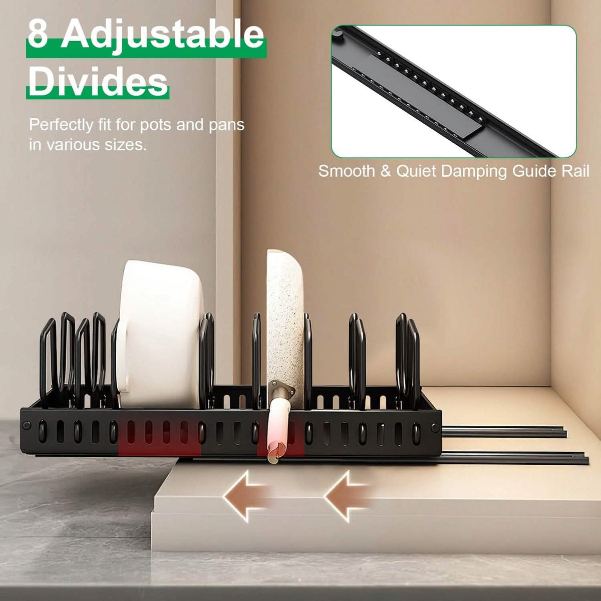 Pull Out Pots and Pans Organizer with 8 Adjustable Dividers