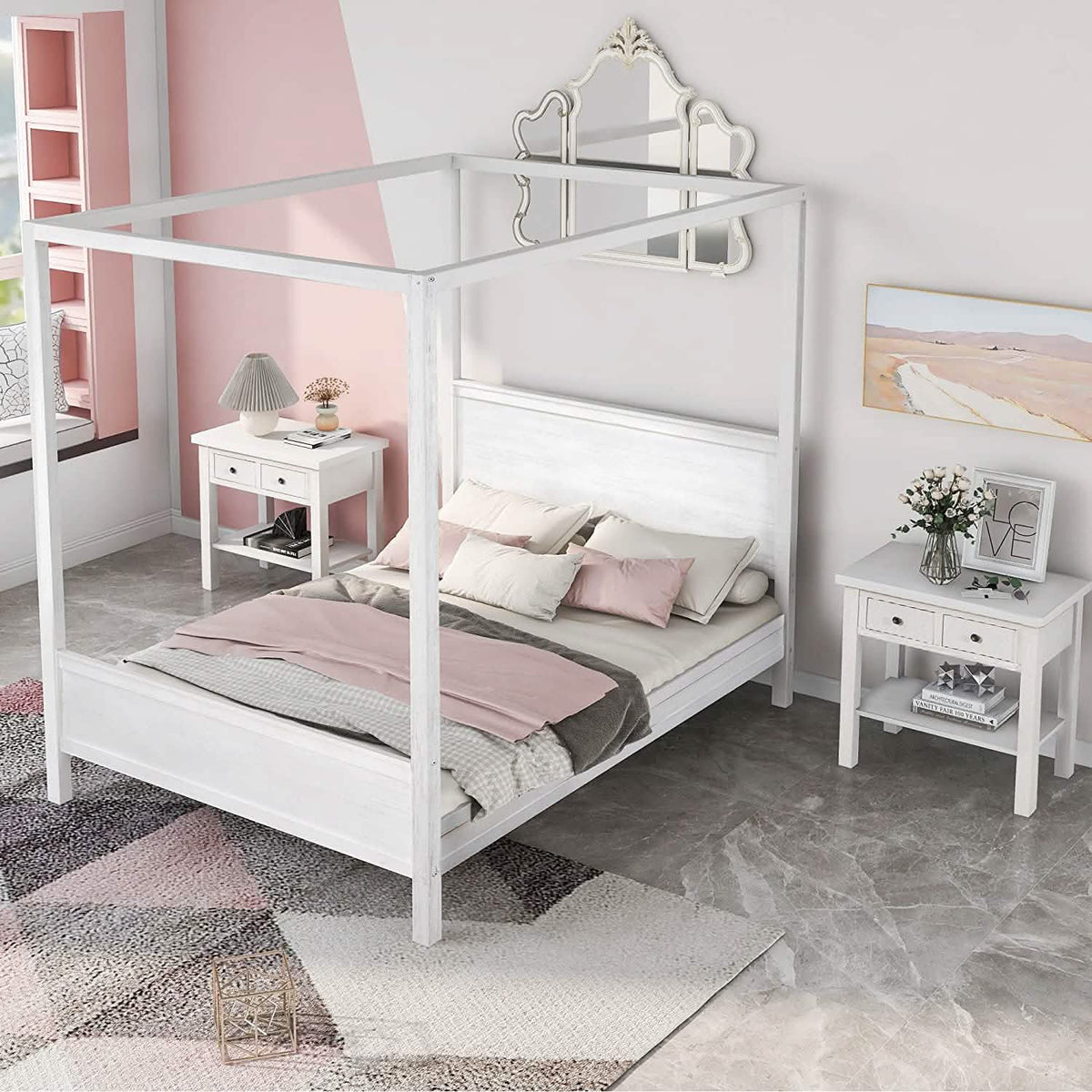Queen Size Canopy Bed with 2 Nightstands
