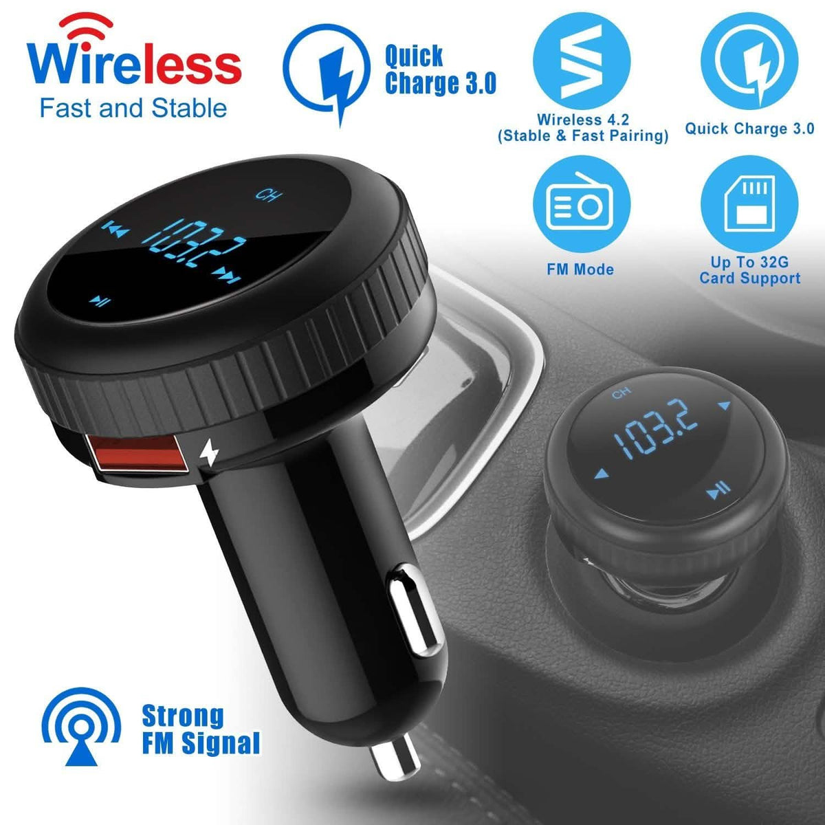 Quick Charge 3.0 Car Charger Wireless 4.2 FM Transmitter 23W 3A Dual USB