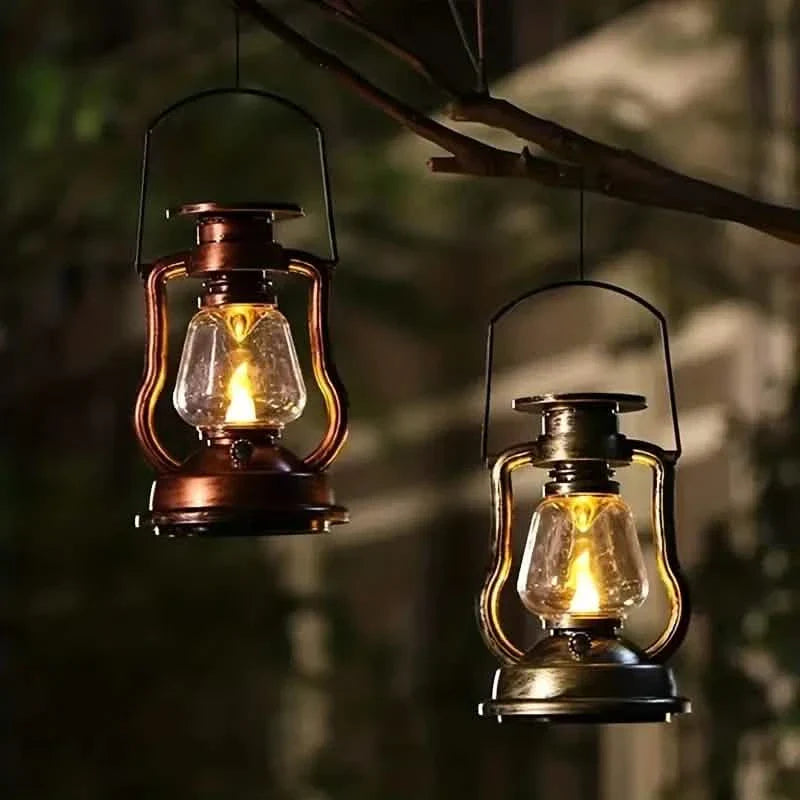 Retro Kerosene Lamp LED Horse Lantern Outdoor Waterproof Portable Rechargeable Solar Powered Flame Light
