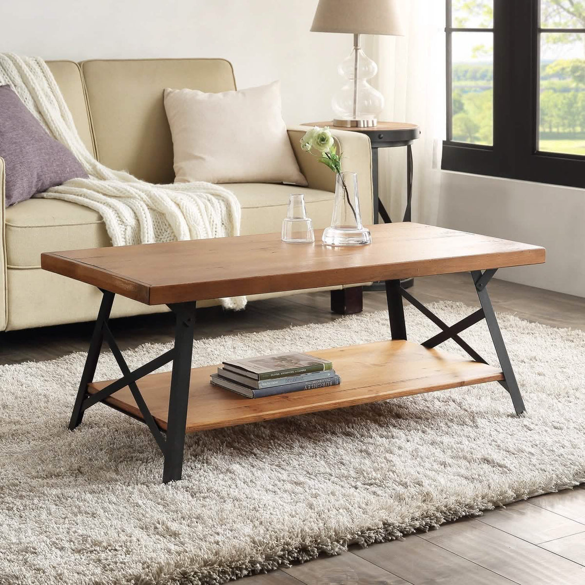 Rustic Coffee Table with Storage & Metal Legs, Brown 43"