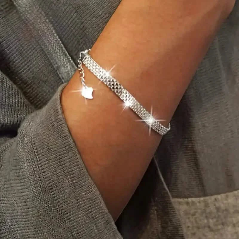 S925 Sterling Silver Chain Bracelet, Sparkling Mesh Embossing Pattern Jewelry