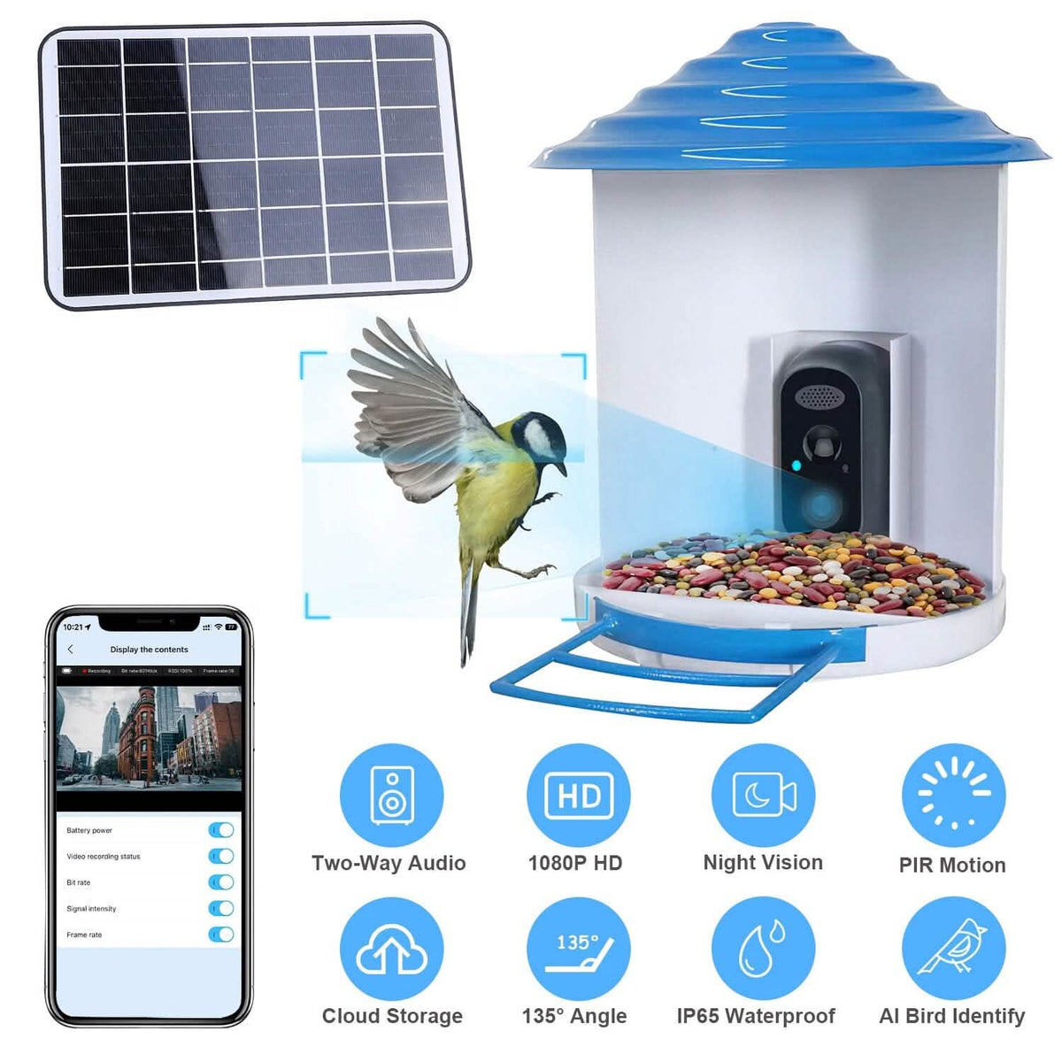 Smart Bird Feeder with Solar Powered Camera 1080P HD AI Identify PIR