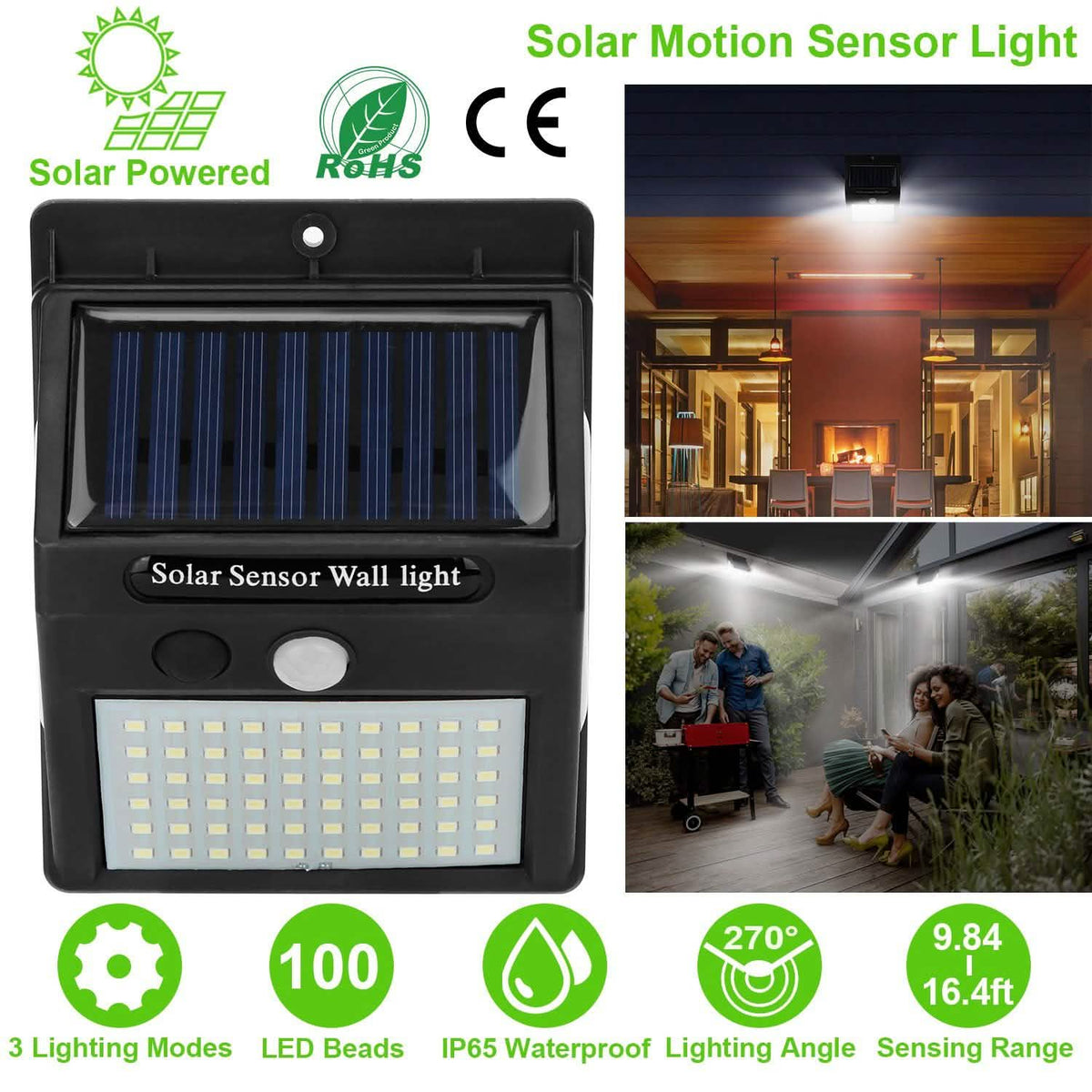 Solar 100 LEDs PIR Motion Sensor Wall Light