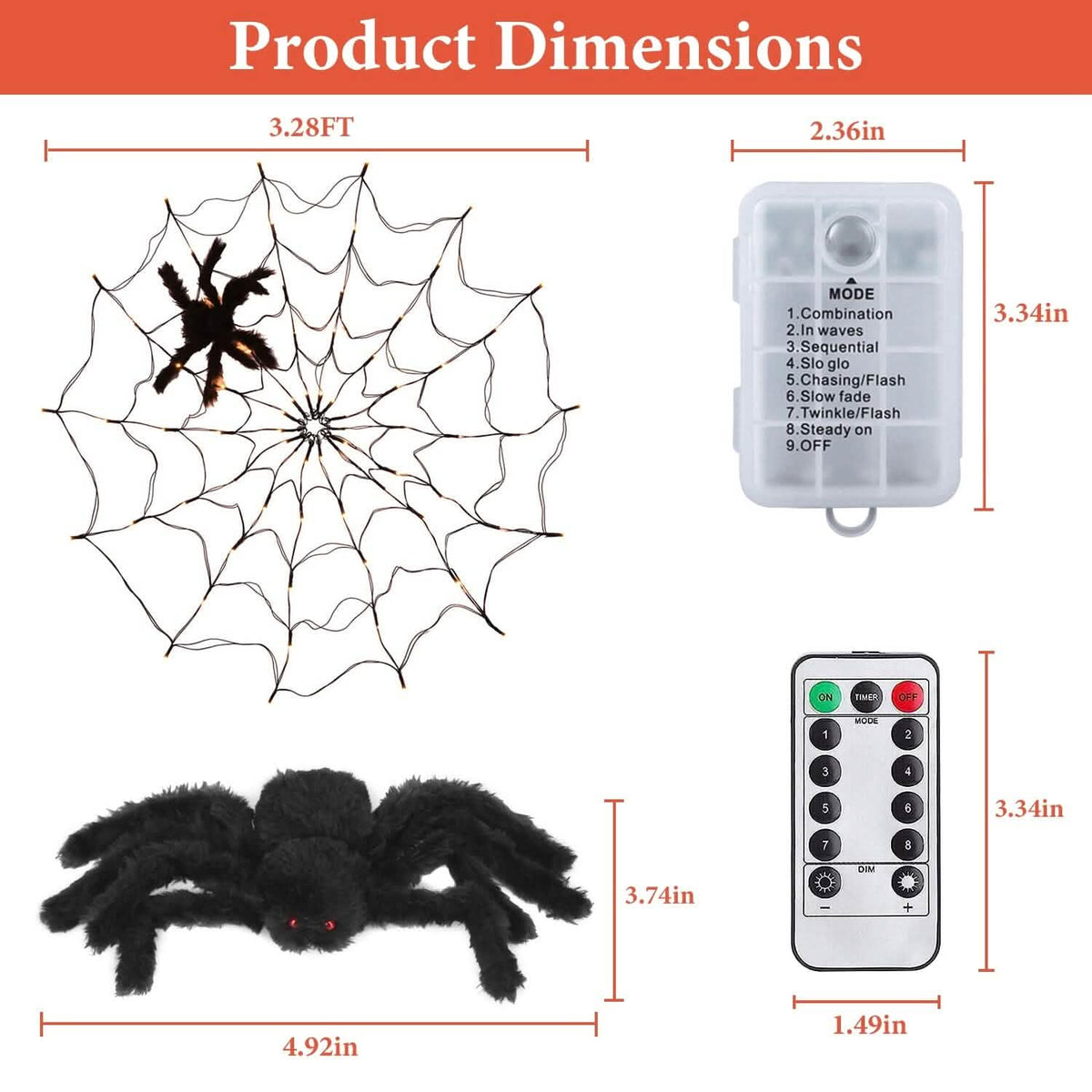 Spider Web Light with Hairy Spider 70LED Battery Powered Remote Control 8 Lighting Modes