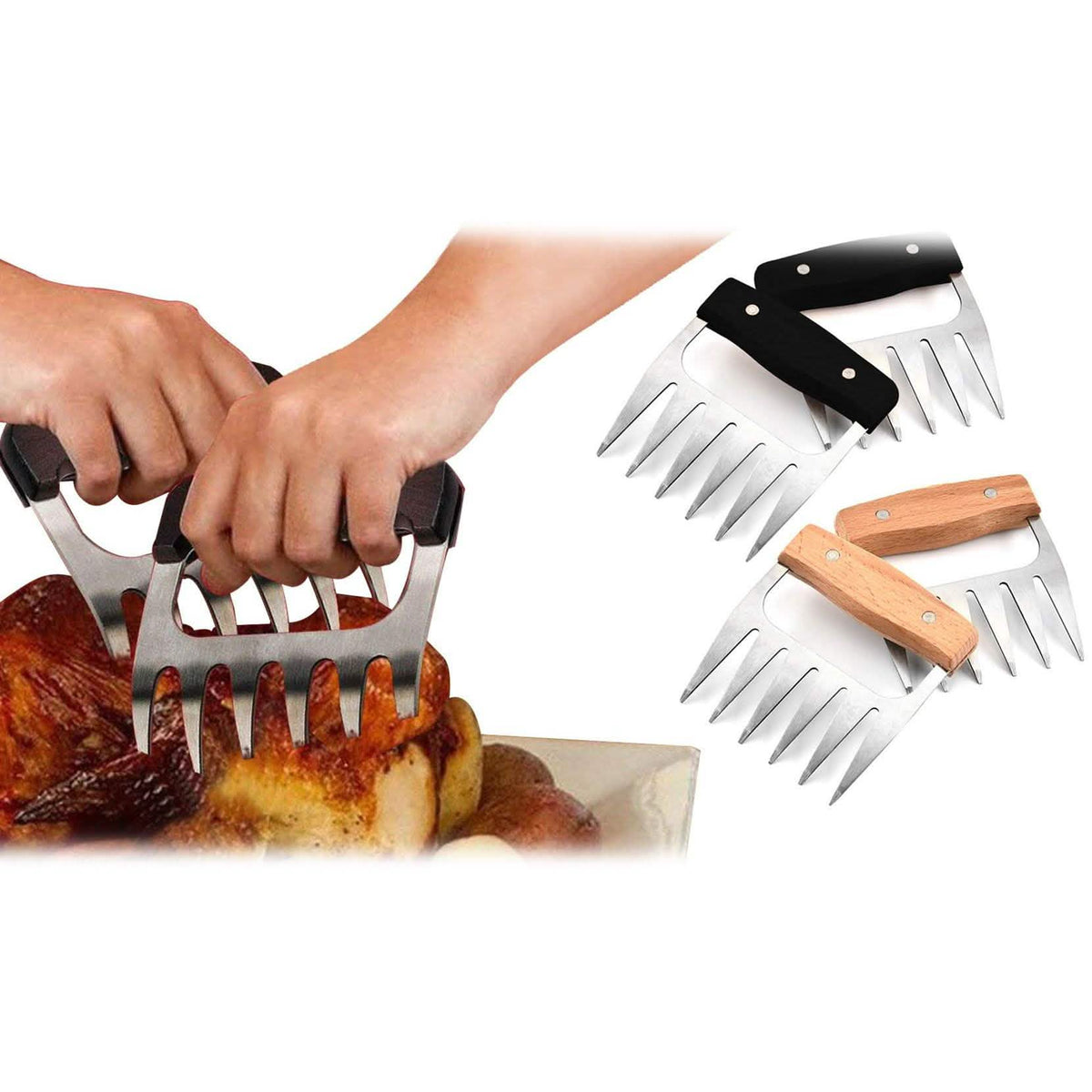 Stainless Steel Meat-Shredding Claws with Wooden Handle