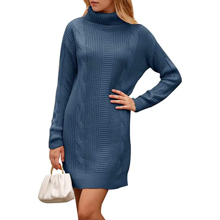 Turtleneck Pullover Sweaters Casual Long Sleeve Plain Winter Knit Sweater Dress