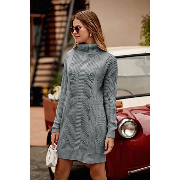 Turtleneck Pullover Sweaters Casual Long Sleeve Plain Winter Knit Sweater Dress