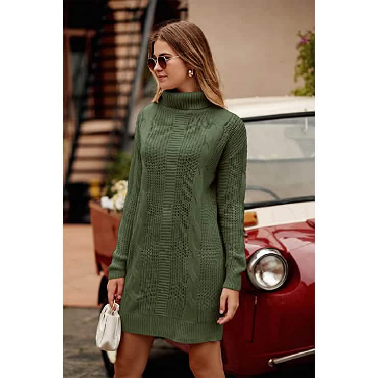 Turtleneck Pullover Sweaters Casual Long Sleeve Plain Winter Knit Sweater Dress