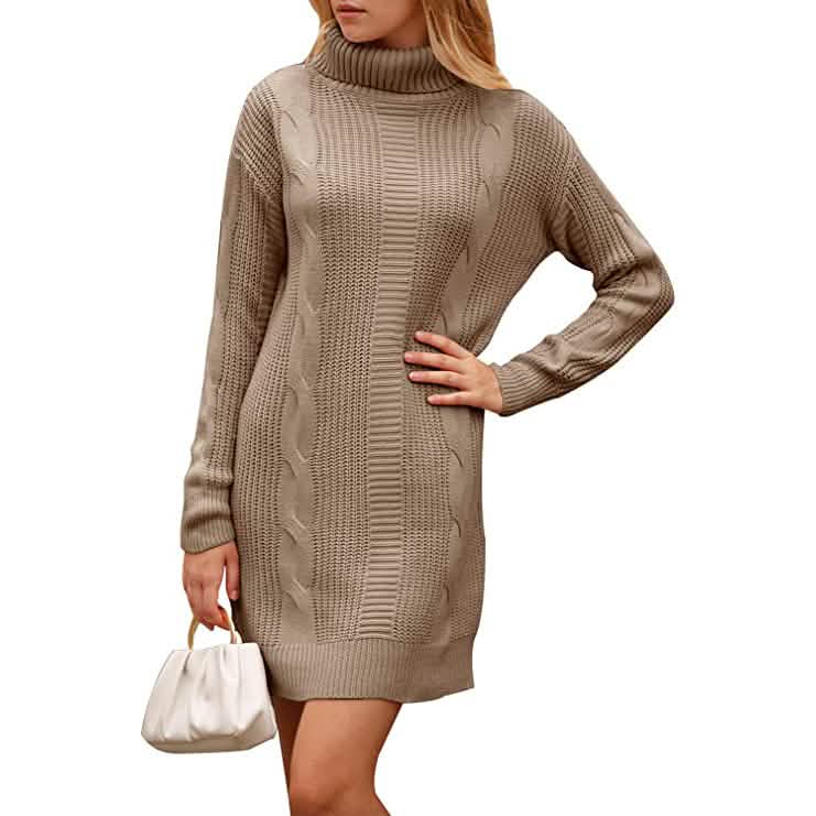 Turtleneck Pullover Sweaters Casual Long Sleeve Plain Winter Knit Sweater Dress