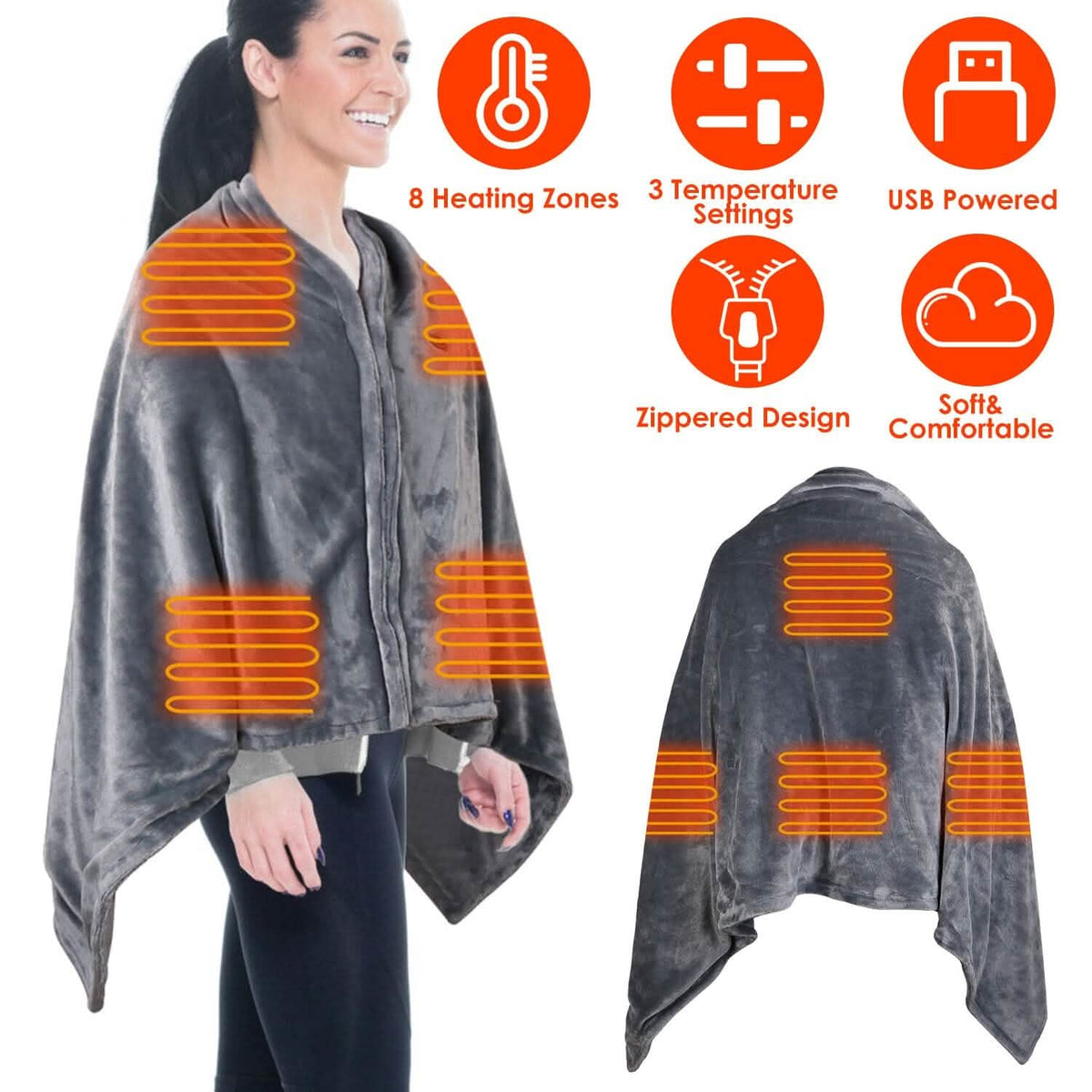 USB Heated Blanket Poncho Shawl Wrap Throw with Zipper Washable
