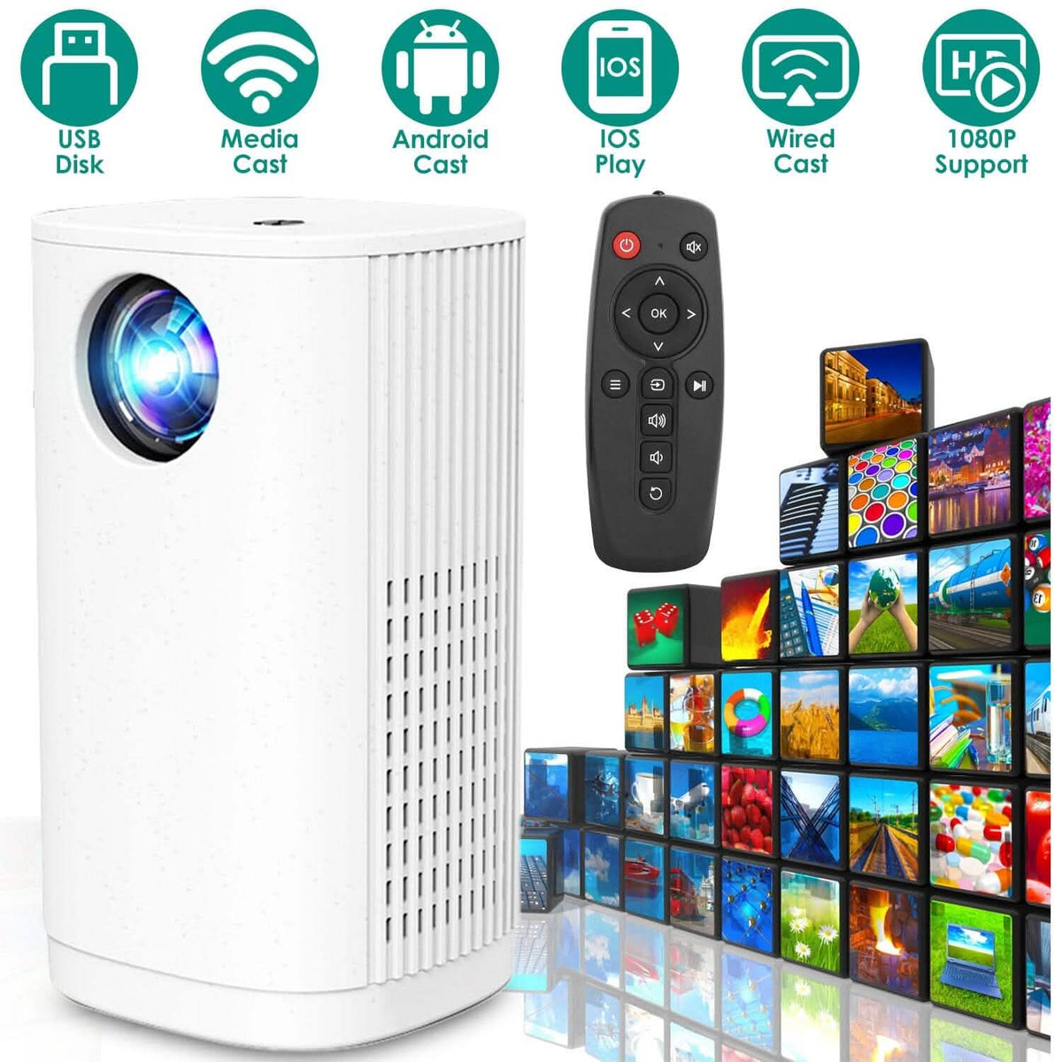 WiFi 1080P Projector Phone Projector Home Movie Projector Compatible with IOS Android iPads U Disk