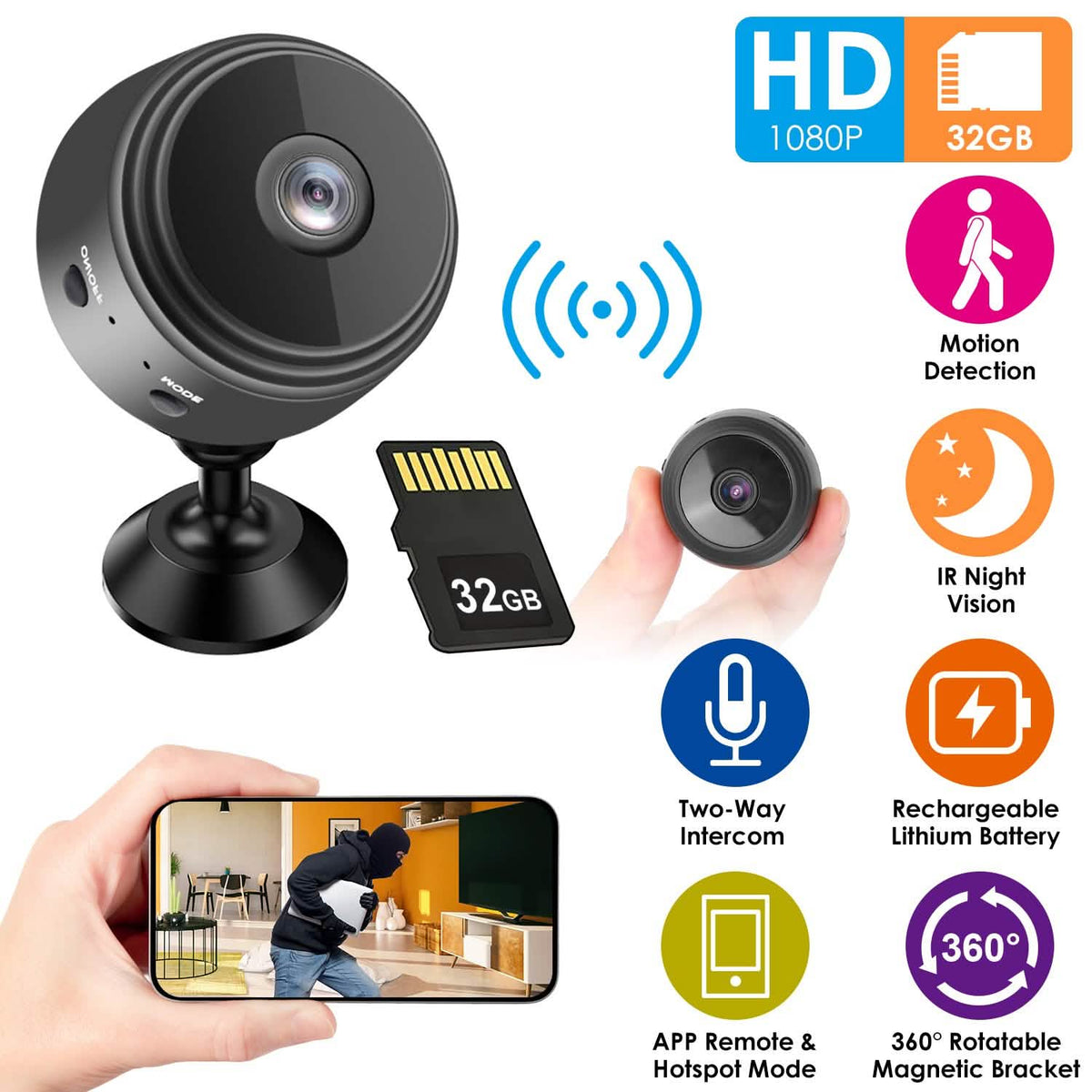 WIFI IP Home Security Camera 1080P Full HD with 32GB MMC Card