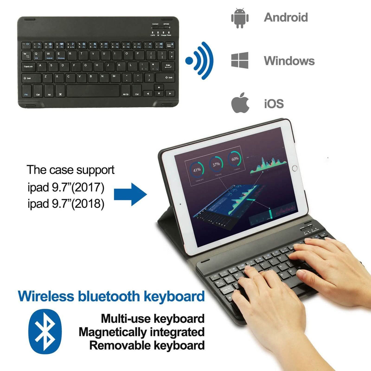 Wireless Bluetooth Keyboard Case with Keyboard for iPad 9.7" 17/18 A1822, A1823 and A1893
