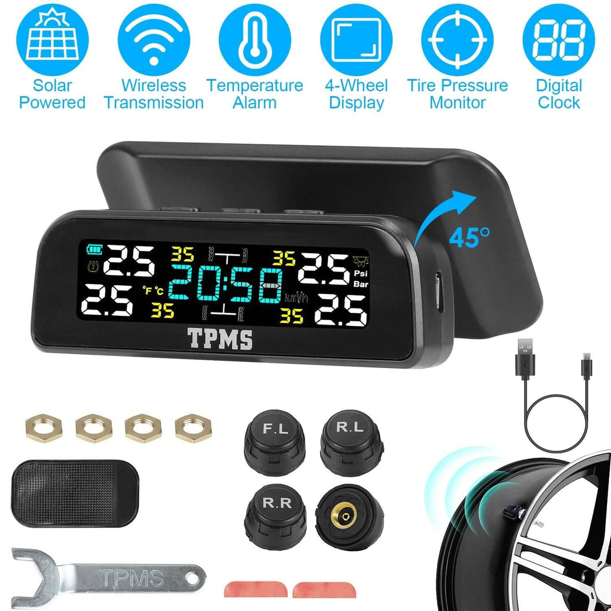 Wireless Solar Car Tire Pressure Monitoring System Auto Tire Pressure with Sensors Temperature Alarm