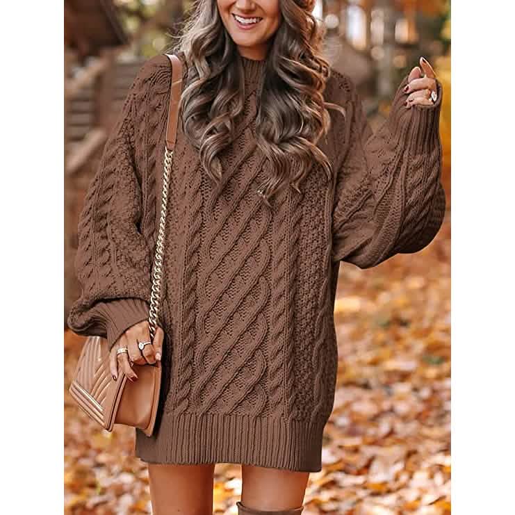 Women Crewneck Long Sleeve Oversized Cable Knit Chunky Pullover Short Sweater Dresses