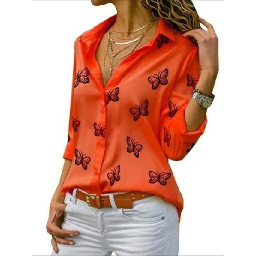 Women's Butterfly Long Sleeve Print Shirt Collar Basic Tops