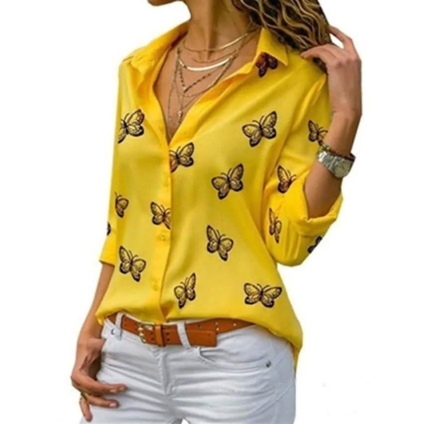 Women's Butterfly Long Sleeve Print Shirt Collar Basic Tops