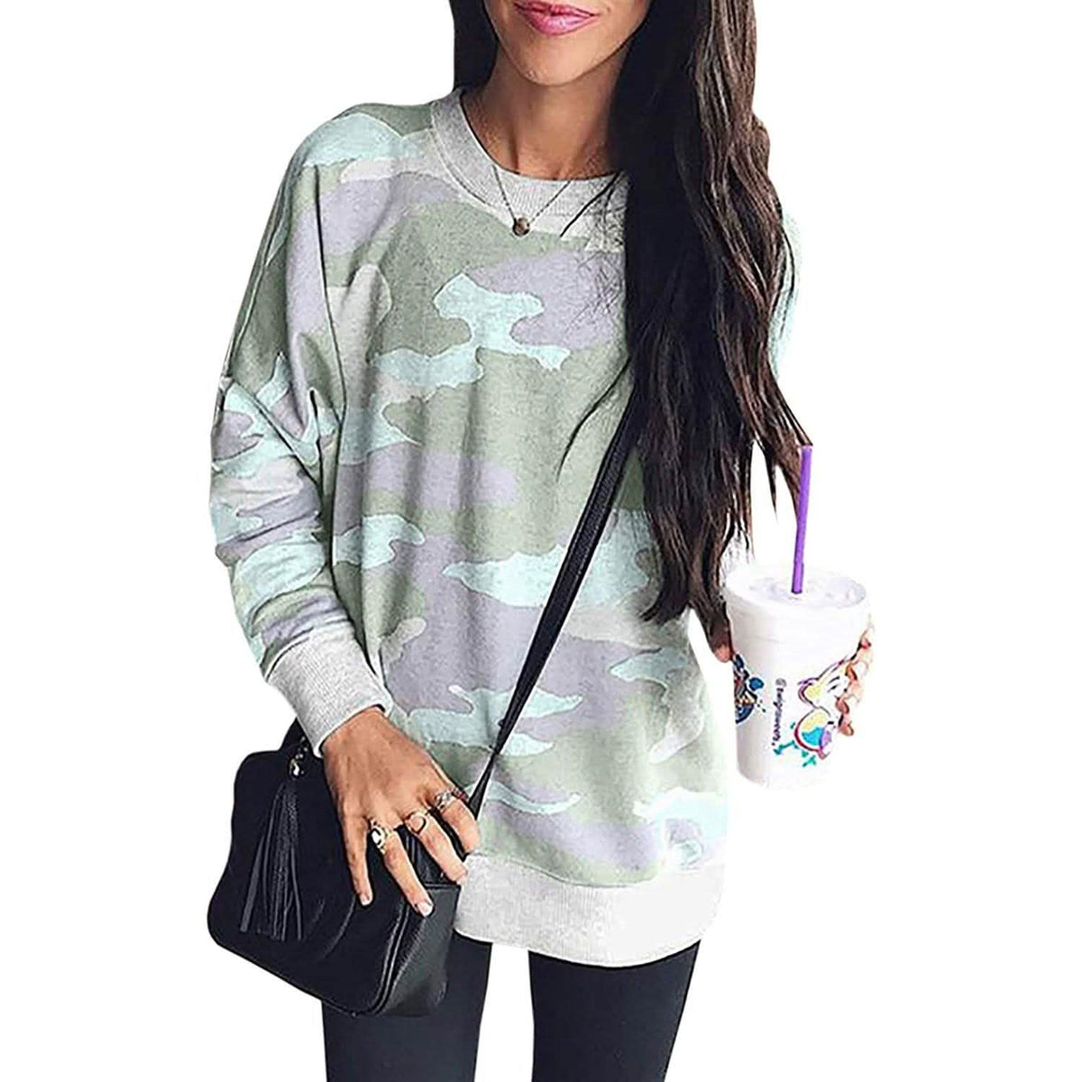 Women's Camouflage Print Casual Leopard Pullover Long Sleeve Sweatshirts