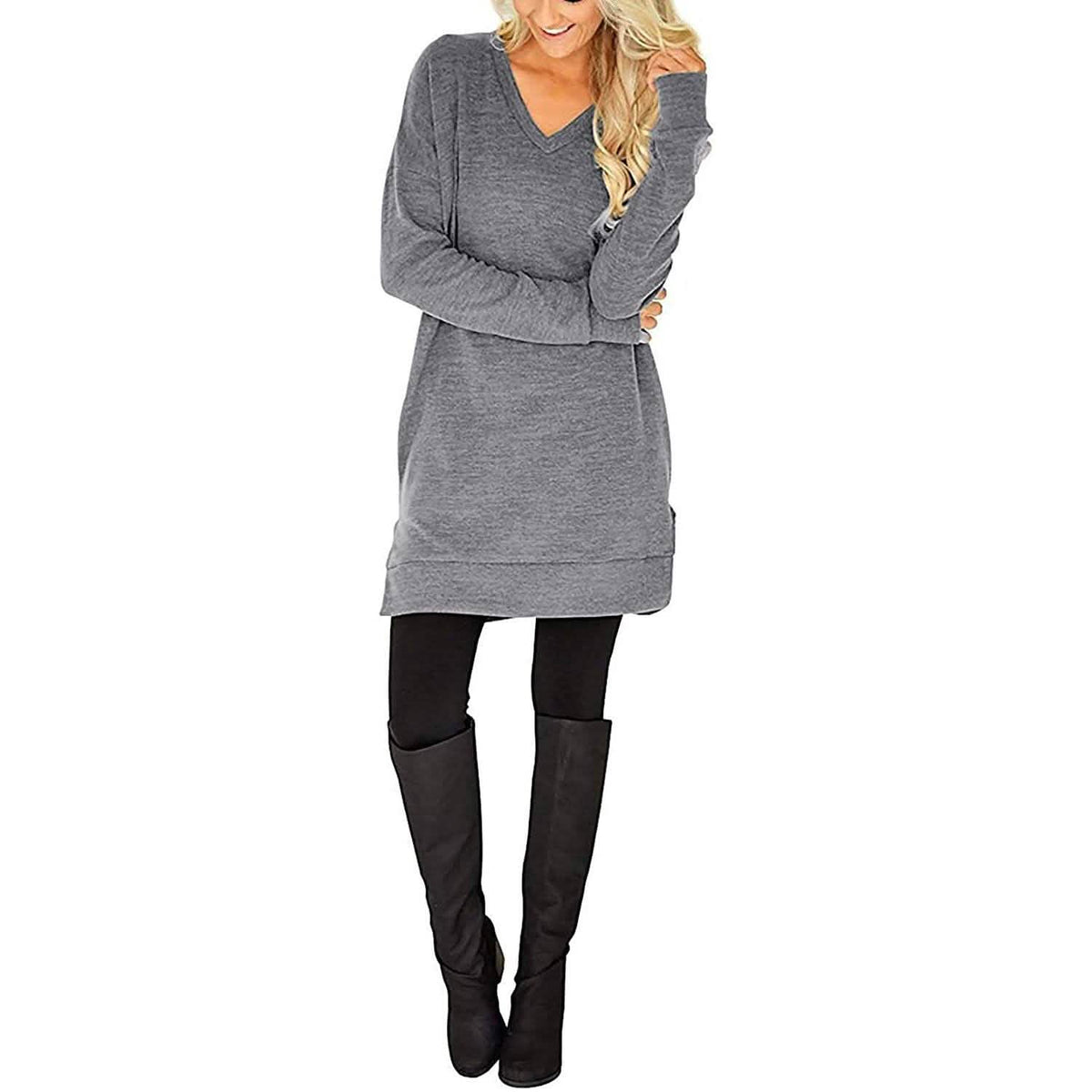 Womens Casual Long Sleeves Solid V-Neck Tunics Shirt Tops with Pockets
