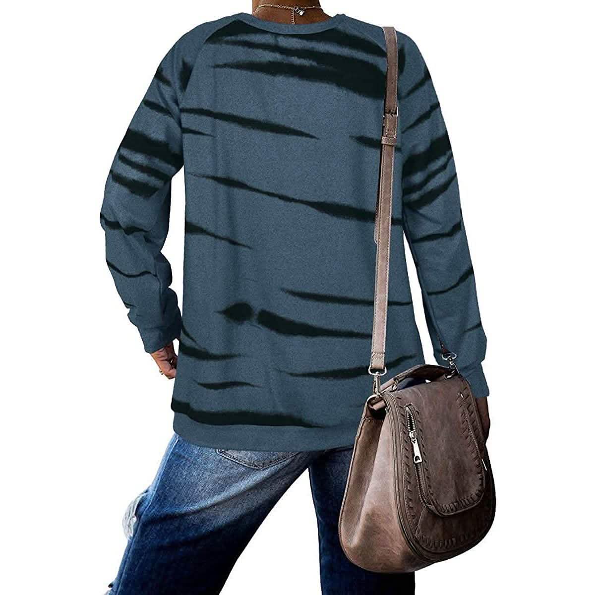 Womens Crewneck Long Sleeve Sweatshirts Striped Casual Tops Printed Loose Pullover Shirts