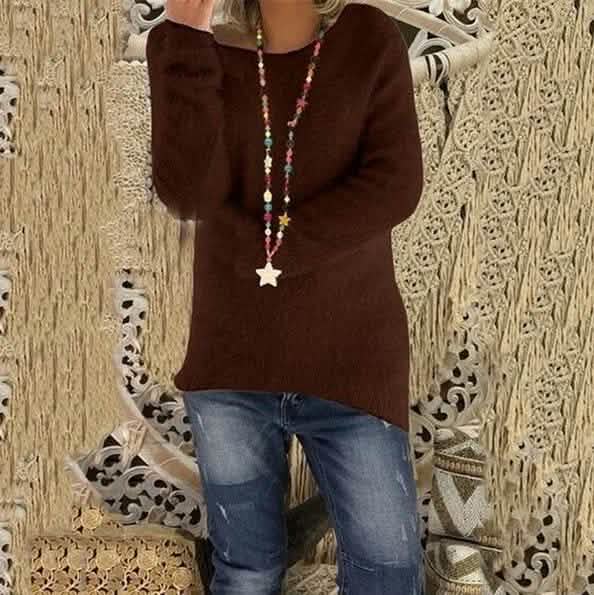 Women's Fashion Autumn and Winter Long Sleeve Knitted Sweaters Solid Color Warm Pullover Tops