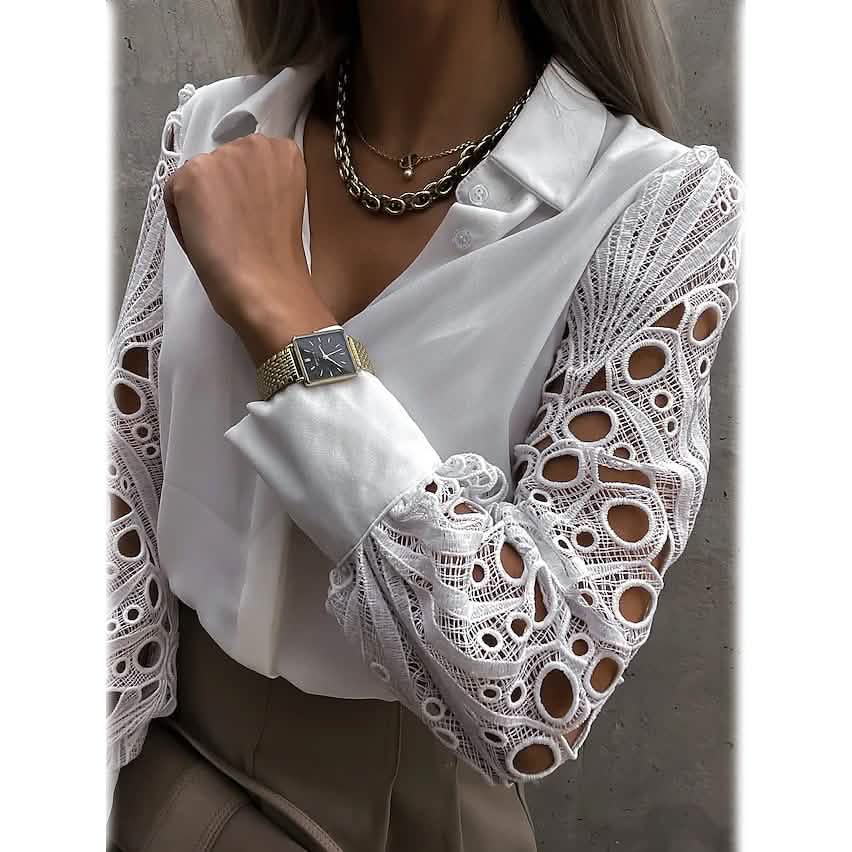 Women's Long Sleeve Cutout Lace Button Down Shirt