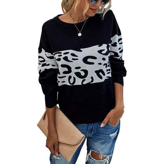 Women’s Long Sleeve Off Shoulder Knitted Leopard Print Sweater