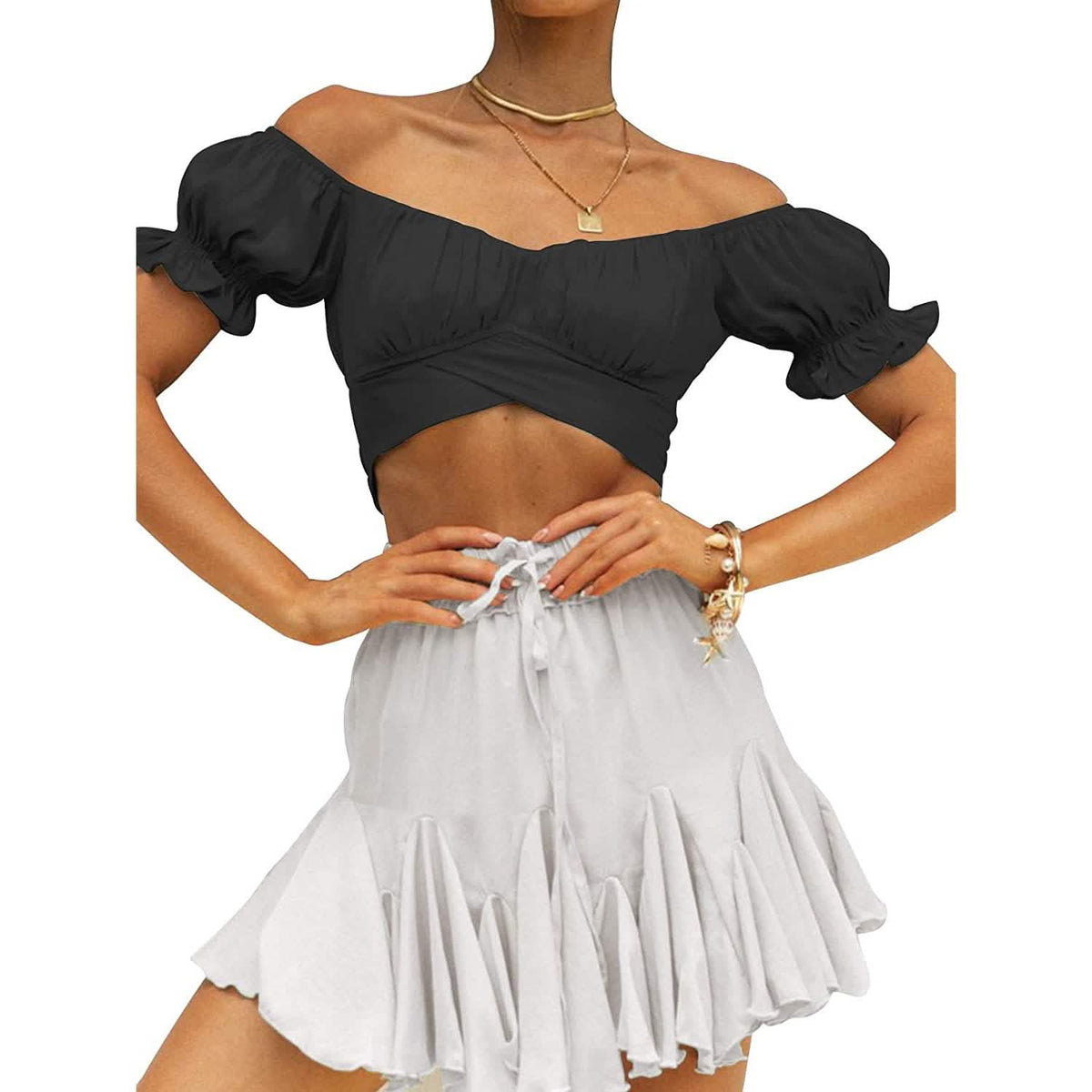 Women's Ruffle Short Sleeve Tie Shirt