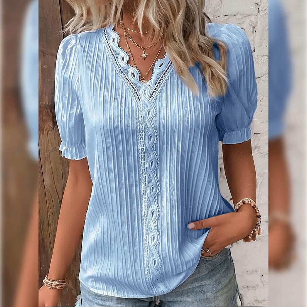 Women's Shirt Blouse Plain Lace Short Sleeve Casual Basic V Neck