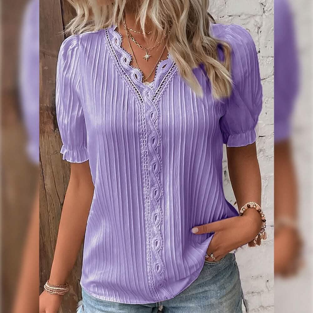 Women's Shirt Blouse Plain Lace Short Sleeve Casual Basic V Neck