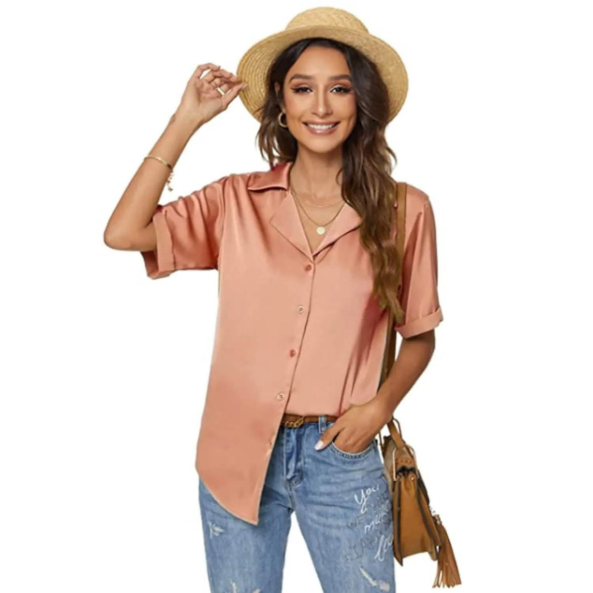 Women's Short Sleeve Casual Satin Button Down Shirt