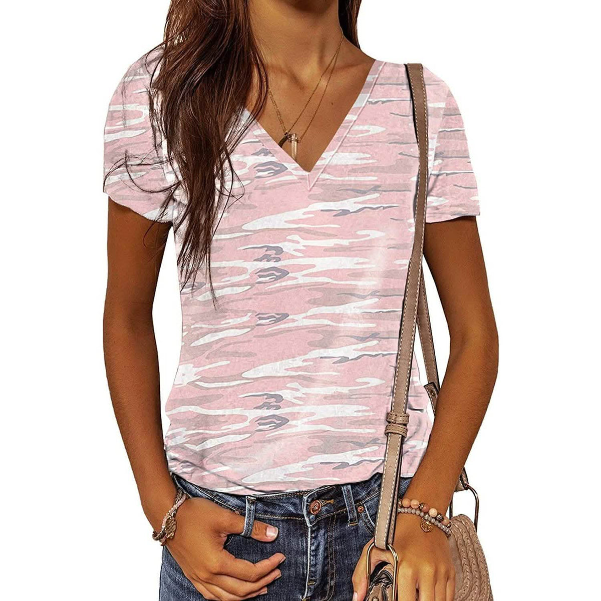 Women's Summer Camo V Neck Short Sleeve Tee Shirts Casual Loose Blouse Tops