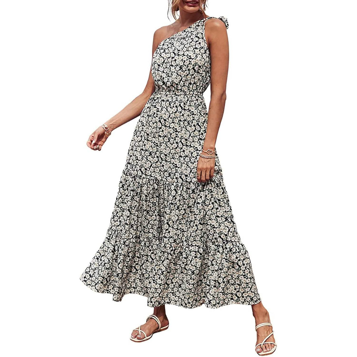 Women's Summer Floral One Shoulder Ruffled Hem Maxi Dresses