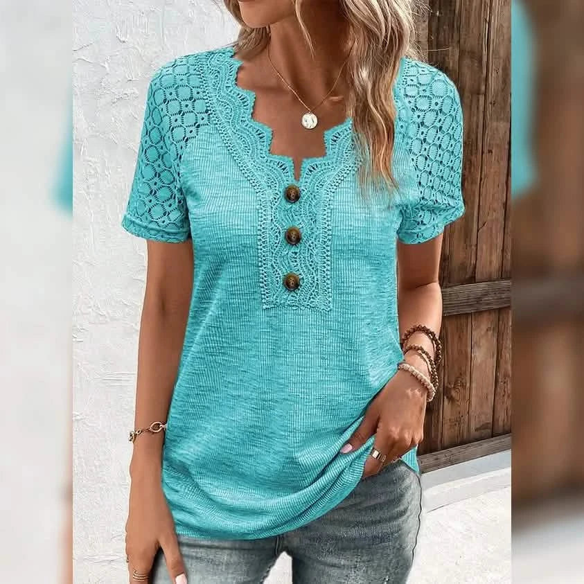 Women's T-Shirt Plain Lace Button Short Sleeve