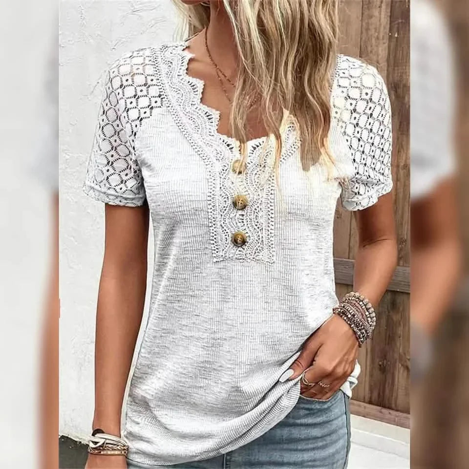 Women's T-Shirt Plain Lace Button Short Sleeve