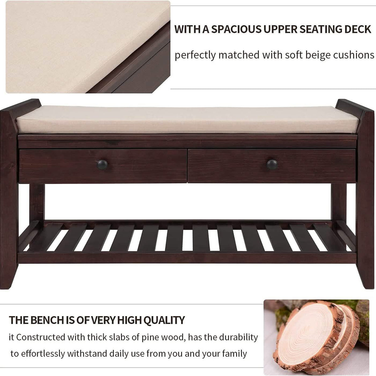 Wood Storage Bench with 2 Drawer Shoe Rack